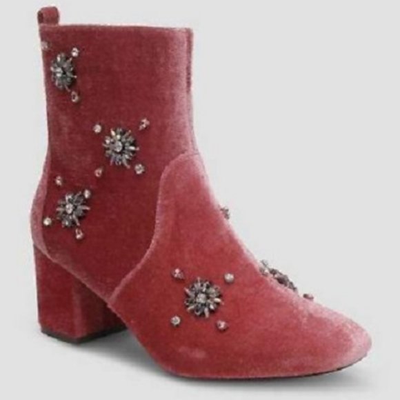 Who What Wear Shoes - Who What Wear  Pink ALESSIA EMBELLISHED VELVET ANKLE BOOT  w/ Block Heel  NIB